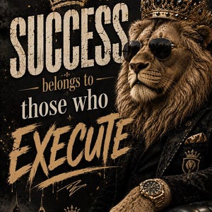 May include: A poster featuring a lion wearing a gold crown and black sunglasses, dressed in a dark suit with a gold watch and ring. The text reads: SUCCESS belongs to those who EXECUTE. The background is black with gold accents and a city skyline.