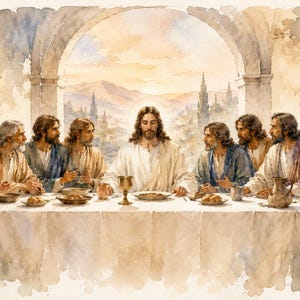 Puede incluir: Una ilustración al estilo acuarela que representa a una figura central con cabello largo y barba sentada en una mesa larga con otras doce personas. Están reunidos para una comida con platos, tazas y jarras sobre un mantel blanco en una habitación.
