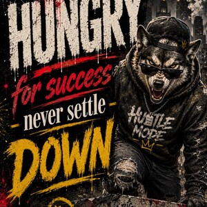 May include: A graphic poster featuring a wolf wearing a black hoodie, cap, and sunglasses. The text reads HUNGRY for success never settle DOWN, NO EXCUSES JUST RESULTS, DREAM BIG WORK HARDER, and HUSTLE MODE on a necklace. The background is dark.