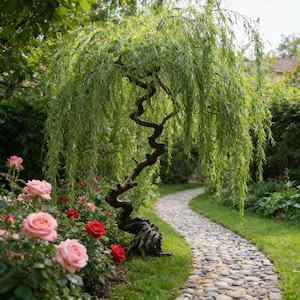 Pode incluir: Uma cena de jardim exuberante com um salgueiro chorão de tronco retorcido e folhagem verde. Rosas rosas e vermelhas florescem perto de um caminho de pedra sinuoso, rodeado por relva verde e outras plantas, criando uma cena serena.