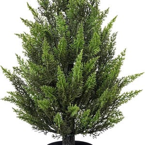 May include: A small, artificial evergreen tree in a black pot. The tree has dense, green foliage and a textured, brown trunk. The pot is a simple, cylindrical shape.