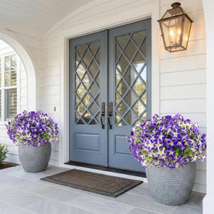 Può includere: Ingresso con doppie porte blu con vetri a forma di diamante. Due grandi vasi grigi strutturati pieni di fiori viola e gialli fiancheggiano le porte. Un tappetino marrone è di fronte alle porte.