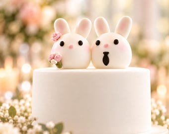 Puede incluir: Un pastel blanco liso coronado con dos figuras de conejos blancos. El conejo de la izquierda tiene detalles florales rosas y un pequeño ramo, mientras que el de la derecha lleva una corbata negra. Ambos tienen ojos negros y mejillas rosadas.