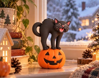 Puede incluir: Una figura de gato negro con el lomo arqueado y la boca abierta mostrando los dientes, de pie sobre una calabaza naranja. El gato tiene orejas puntiagudas con detalles rosados y bigotes largos, mientras que la calabaza presenta ojos triangulares tallados y una boca ancha y dentada.