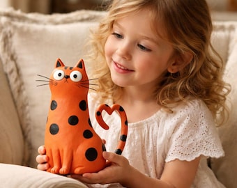 Handmade Clay Cat Figurine, Cute Cat Desk Decor, Whimsical Cat Sculpture, Unique Gift for Cat Lovers,Wabi-Sabi Clay  Home Shelf Ornament