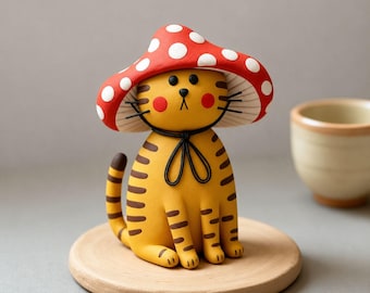 Mushroom Hat Clay Cat Figurine, Handmade Lightweight Clay Animal Decor, Whimsical Toadstool Cat Gift, Cottagecore Shelf Ornament