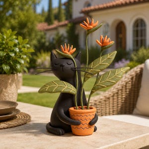 May include: A black cat figurine embracing a potted plant with orange flowers and green leaves. The cat is holding an orange pot with a zig-zag pattern. The sculpture is set on a light-colored surface, with a blurred outdoor background.