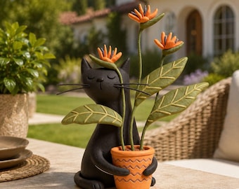 Bloomhug Black Cat Clay Figurine, Handmade Flower Pot Cat Sculpture, Whimsical Desk Decor, Cat Lover Gift, Shelf Accent