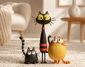 Handmade Clay Cat Monster Figurines, Whimsical Cat Sculpture Set, Cute Desk Decor, Funny Animal Gift, Miniature Home Decor