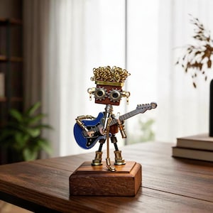 May include: A steampunk robot figurine playing a blue electric guitar. The robot has a wooden head with gear-shaped eyes, brass accents, and curly gold wire 'hair'. It stands on a wooden base, with a microphone stand.