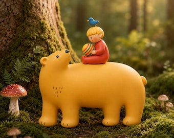 Sunbeam Bear & Little Friend Figurine, Handmade Lightweight Clay Decor, Whimsical Bear Shelf Decor, Cute Desk Decor, Nursery Gift
