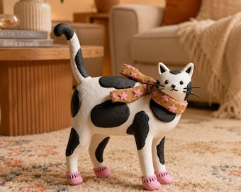 Mittens the Starry Cat Figurine, Handmade Lightweight Clay Cat Sculpture, Cute Cat Desk Decor, Whimsical Cat Lover Gift