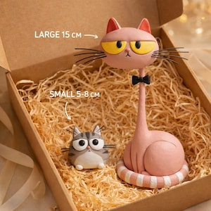 Handmade Clay Cat Figurine Set, Whimsical Cat Desk Decor, Original Cat Sculpture, Cute Cat Lover Gift, Mini Home Decor image 4
