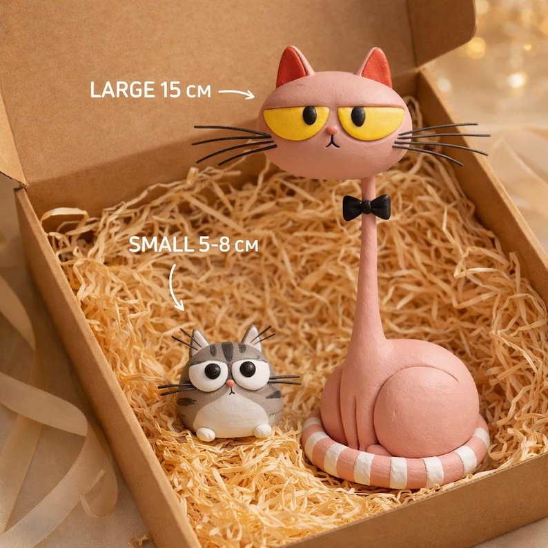 Handmade Clay Cat Figurine Set, Whimsical Cat Desk Decor, Original Cat Sculpture, Cute Cat Lover Gift, Mini Home Decor image 4