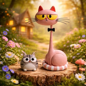 May include: Two whimsical cat sculptures. One is a pink cat with a long neck, yellow eyes, and a black bow tie. The other is a gray and white cat with big eyes. Both are on a wooden stump surrounded by flowers.