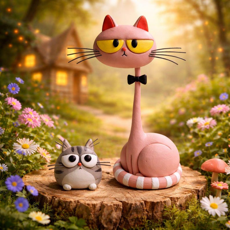May include: Two whimsical cat sculptures. One is a pink cat with a long neck, yellow eyes, and a black bow tie. The other is a gray and white cat with big eyes. Both are on a wooden stump surrounded by flowers.