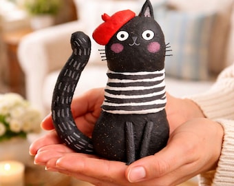 Handmade Black Cat Figurine with Red Beret, Elegant Clay Cat Decor, Mother’s Day Gift for Cat Lover, Wabi-Sabi Clay Home Décor