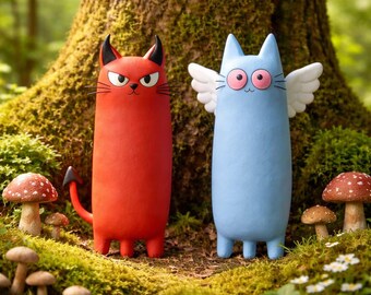 Handmade Angel & Devil Cat Figurine Set, Cute Clay Desk Decor, Original Kawaii Sculpture, Gift for Couple Friend  Super light clay