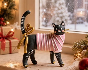 Noir Belle Black Cat Figurine, Handmade Lightweight Clay Cat Sculpture, Cute Cat Lover Gift, Pink Sweater Desk Shelf Decor