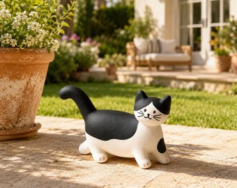 Handmade Tuxedo Cat Figurine, Cute Black White Clay Cat Sculpture, Cat Lover Gift, Desk Decor, Shelf Decor, Whimsical Kitty Art