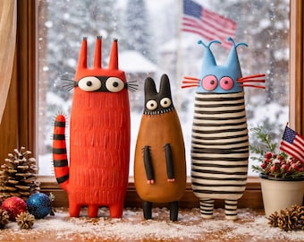 Handmade Air-Dry Clay Cat Figurines, Whimsical Sculptures, Mini Desktop Decor teacher appreciation  10–15 cm (4–6 inches) Super light clay
