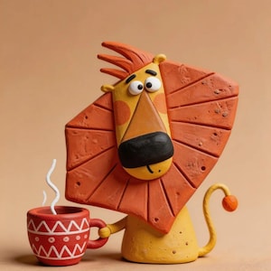 May include: A clay figurine of a yellow lion with a large, textured orange mane, holding a small red mug with white geometric patterns and a wisp of white steam rising from the top. The lion has a black nose and a long tail with an orange tip.