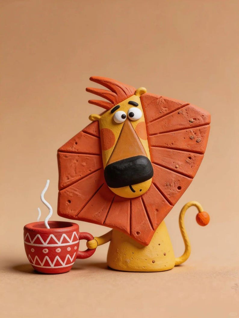 May include: A clay figurine of a yellow lion with a large, textured orange mane, holding a small red mug with white geometric patterns and a wisp of white steam rising from the top. The lion has a black nose and a long tail with an orange tip.