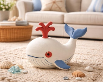 Handmade Whale Figurine, Wabi Sabi Air Dry Clay Coastal Decor, Minimalist Ocean Gift