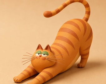 Handmade Orange Tabby Cat Figurine Set, Lightweight Clay Cat Decor, Cute Cat Lover Gift, Desk Shelf Ornament, Holiday Home Decor