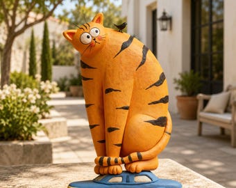 Milo the Roadtrip Cat – Handmade Orange Tabby Cat Figurine on Blue Car, Ultra-Light Clay Sculpture, Cat Lover Gift