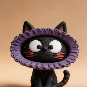 May include: A black cat figurine with large white eyes, a small nose, and red cheek markings. The cat wears a wide, ruffled purple collar around its head. The body is black with small brown speckles and a striped tail, crafted from a matte material.