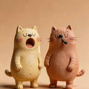May include: Two ceramic cat figurines standing side by side. The left cat is light yellow with a wide-open mouth. The right cat is light brown, features darker stripes, and holds a small black pipe in its mouth. Both have pink cheeks.