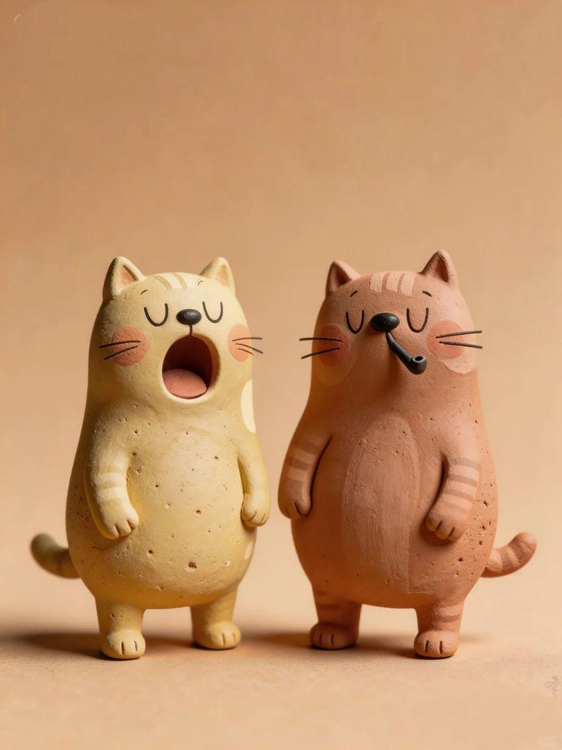 May include: Two ceramic cat figurines standing side by side. The left cat is light yellow with a wide-open mouth. The right cat is light brown, features darker stripes, and holds a small black pipe in its mouth. Both have pink cheeks.