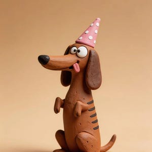 May include: A brown clay dachshund figurine with a long body, floppy ears, and a black nose. The dog has wide eyes, a pink tongue sticking out, and wears a pink party hat with white polka dots. It is sitting upright with its front paws raised.