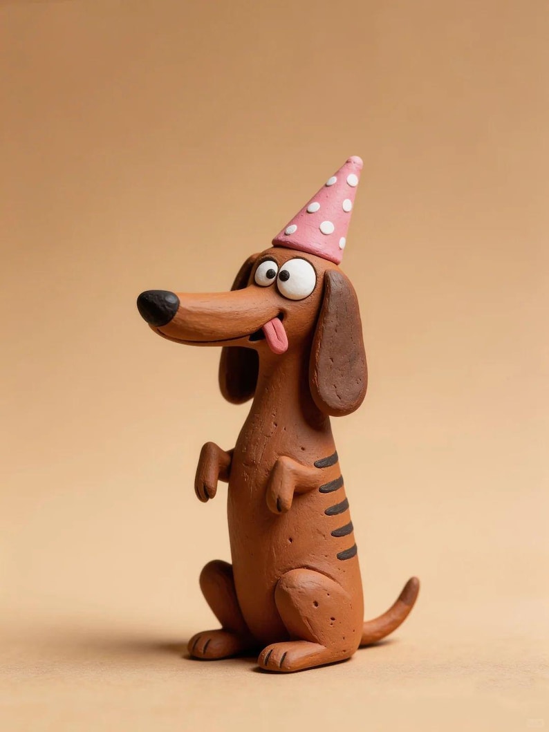 May include: A brown clay dachshund figurine with a long body, floppy ears, and a black nose. The dog has wide eyes, a pink tongue sticking out, and wears a pink party hat with white polka dots. It is sitting upright with its front paws raised.