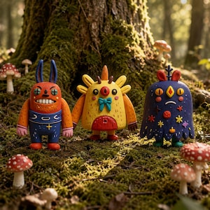 May include: Three stylized monster figurines standing in a row. The left figure is orange with long ears and blue pants. The center figure is yellow with a blue bow tie. The right figure is dark purple with star and flower shapes on its body.