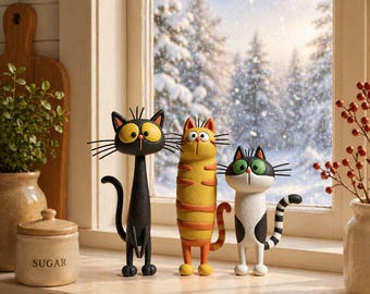 Handmade Clay Cat Figurine Set, Cute Cat Lover Gift, Whimsical Kitty Sculpture, Desk Decor, Cat Home Decor, Unique Animal Figurines