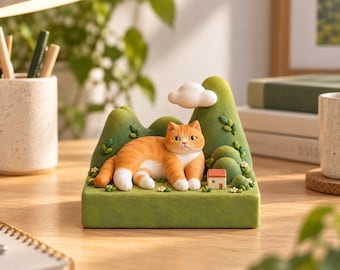 Puede incluir: Una figura decorativa que muestra un gato atigrado naranja tumbado sobre una base verde con colinas esculpidas, una pequeña nube blanca y una casa diminuta. El gato tiene patas y pecho blancos, posicionado frente a montículos verdes y flores.