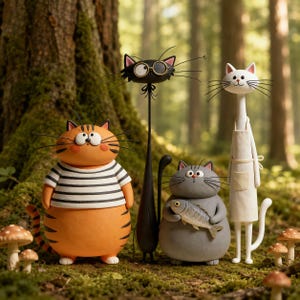 Puede incluir: Una escena forestal caprichosa con cinco figuras de gatos estilizadas. Un gato naranja lleva una camisa a rayas, mientras que otro sostiene un pez. Un gato negro alto lleva gafas. Los gatos están colocados entre setas y árboles.