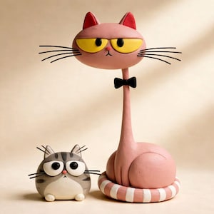 May include: Two whimsical cat sculptures. One is pink with a long neck, yellow eyes, and a black bow tie. The other is a small, gray and white cat with large eyes. Both have whiskers.
