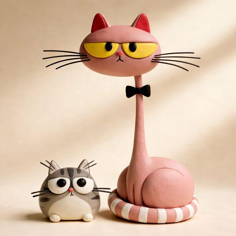 May include: Two whimsical cat sculptures. One is pink with a long neck, yellow eyes, and a black bow tie. The other is a small, gray and white cat with large eyes. Both have whiskers.