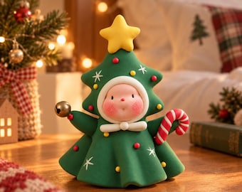 Puede incluir: Una figura de un personaje con un disfraz de árbol de Navidad verde con una estrella amarilla en la parte superior. El personaje tiene una capucha blanca, mejillas sonrosadas y sostiene una campana plateada y un bastón de caramelo rojo y blanco.