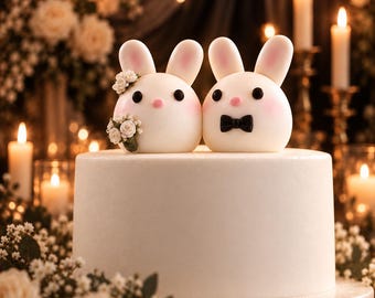 Puede incluir: Un pastel blanco coronado con dos figuras redondas de conejos. El conejo de la izquierda tiene pequeñas flores blancas cerca de la oreja y la base, mientras que el de la derecha lleva una pajarita negra. Ambos tienen mejillas rosadas.