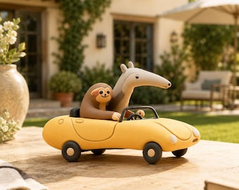 Sunny Side Road Trip Clay Figurine, Handmade Sloth & Anteater Car Ornament, Cute Desk Decor, Whimsical Animal Gift, Christmas Shelf Decor