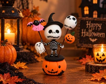 Puede incluir: Una pequeña figura que representa un esqueleto blanco con sombrero negro y cuerpo a rayas, sobre una base de calabaza naranja. El personaje sostiene palos rematados con un murciélago rosa, un fantasma blanco, una calavera y una calabaza pequeña.