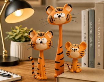 Noodle Tiger Figurine, Handmade Clay Tiger Decor, Cute Animal Shelf Sitter, Whimsical Cat Statue, Holiday Gift, Choose One or Trio