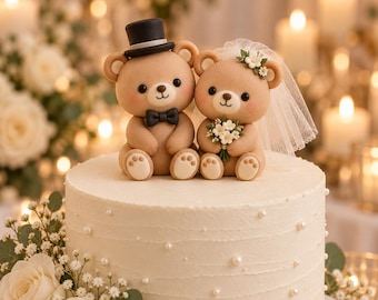 Puede incluir: Un pastel blanco decorado con dos figuras de osos de peluche marrones. El oso de la izquierda lleva un sombrero de copa y una pajarita negra. El oso de la derecha lleva un velo blanco y sostiene un pequeño ramo de flores blancas. El pastel tiene perlas.