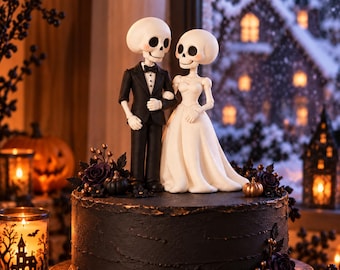 Puede incluir: Un pastel redondo con glaseado negro coronado por dos figuras de esqueleto. Un esqueleto viste un esmoquin negro con pajarita y el otro un vestido blanco sin tirantes. El pastel está decorado con rosas de color morado oscuro, bayas doradas y calabazas.