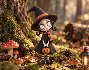 Puede incluir: Una figura de un personaje que lleva un sombrero de bruja negro con una banda naranja, un vestido negro y una bufanda a rayas. El personaje tiene ojos grandes, piel pálida y sostiene un pequeño cubo de calabaza naranja. Las piernas llevan medias a rayas blancas y negras con zapatos negros curvados.