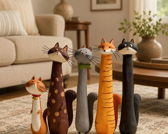 Handmade Lightweight Clay Cat Figurines Set, Whimsical Cat Sculpture, Cat Lover Shelf Decor